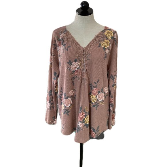 Torrid Tops - Torrid Floral Waffle Knit Lace Trim Long Sleeve Shirt Size 2 (18/20)